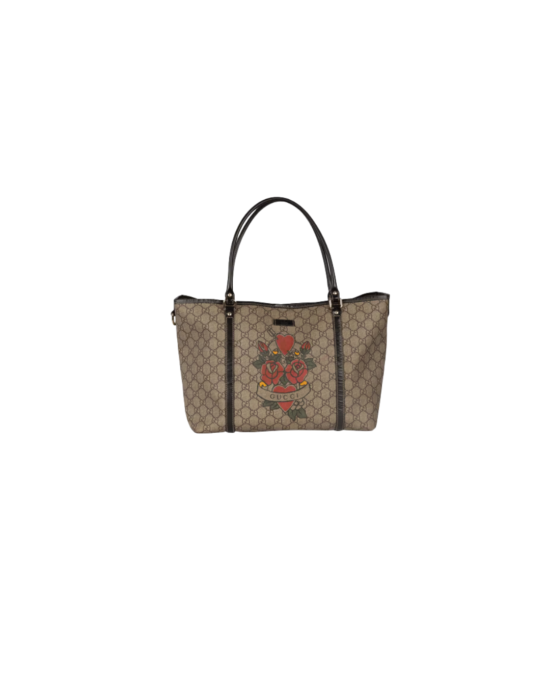 Gucci tote bag with monogram pattern and embroidered floral design, featuring a red heart and roses, with black leather handles.