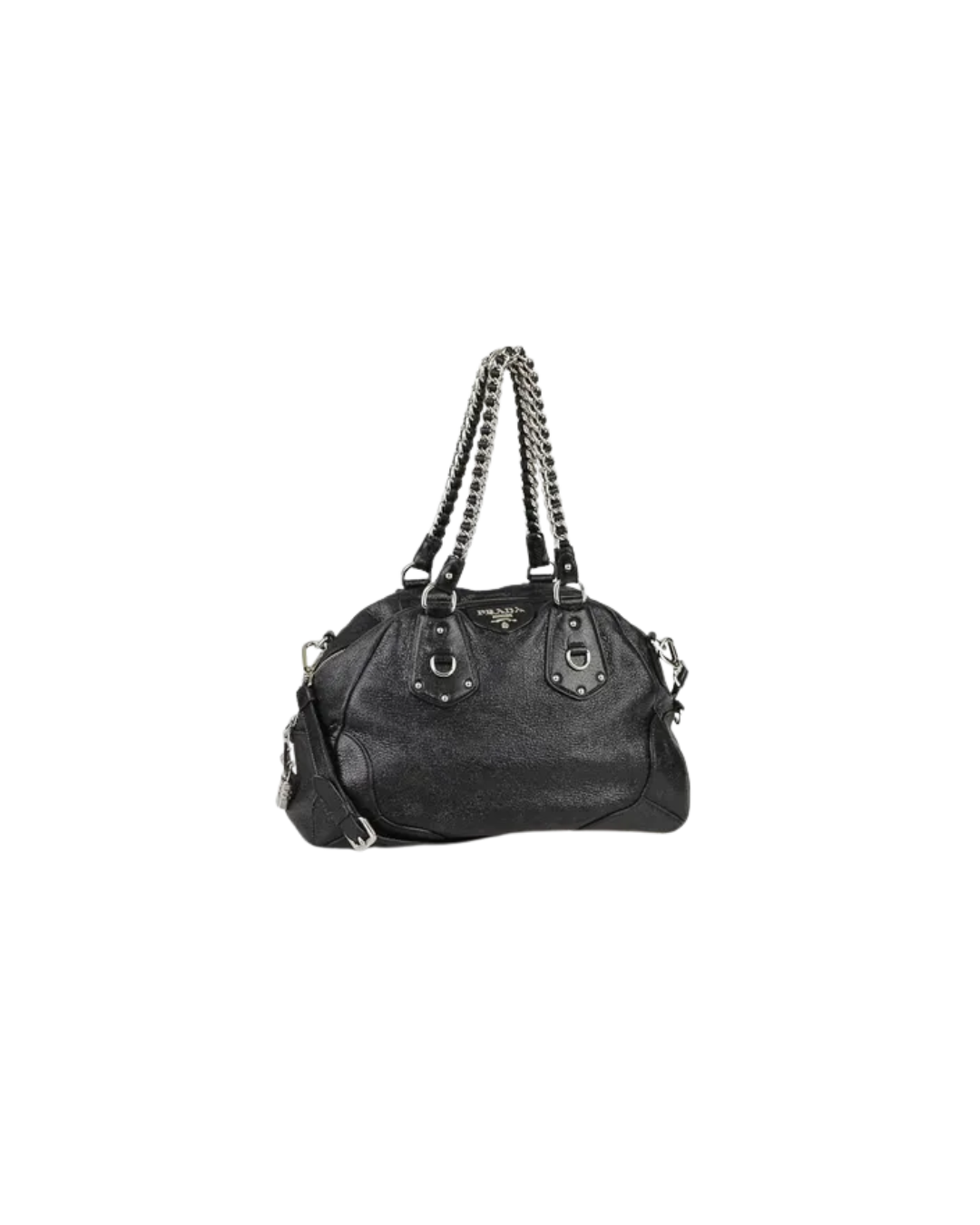 Black leather handbag with silver chain straps, silver hardware, and a hanging luggage tag.