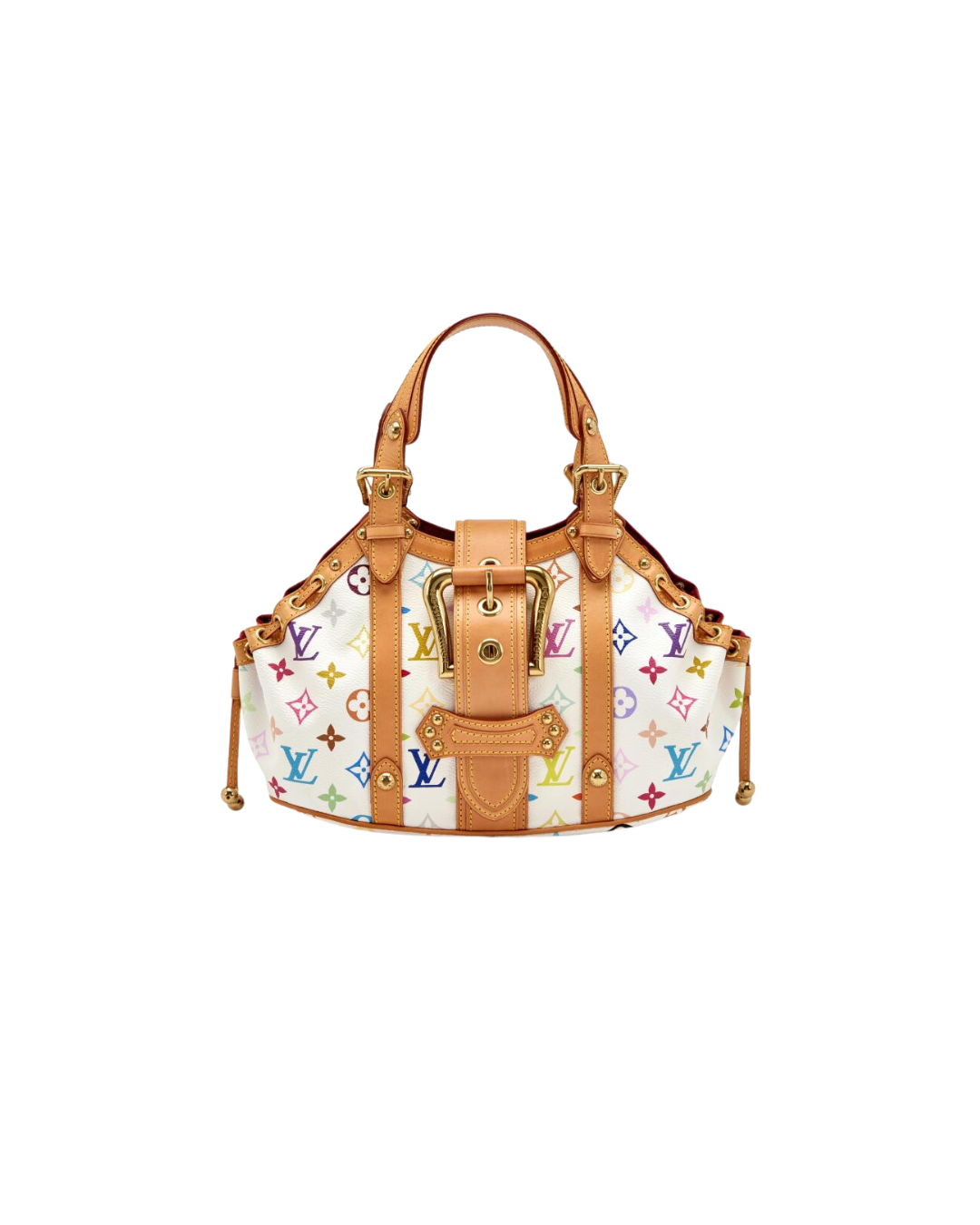 A Louis Vuitton handbag with a multicolor monogram pattern and tan leather accents.