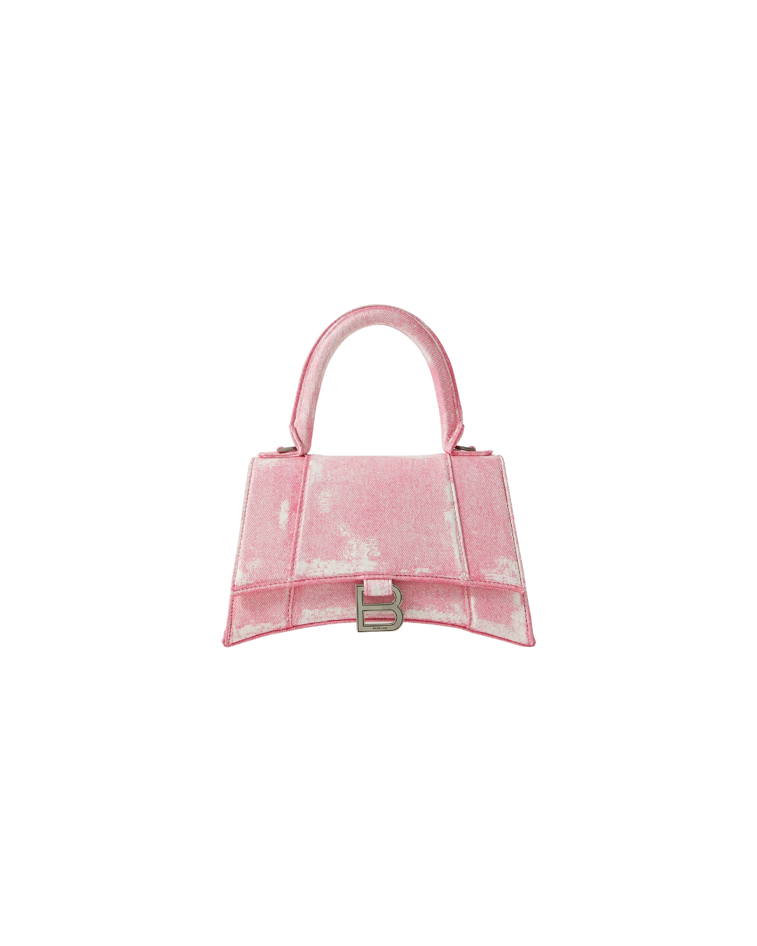 Pink handbag with a metallic 'B' logo on the front.