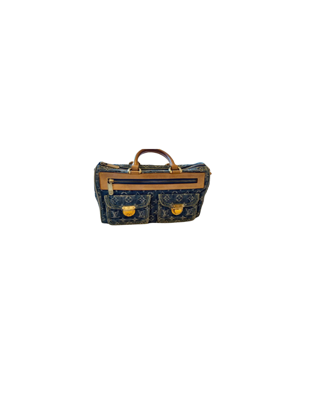 A handbag designed to look like a Louis Vuitton bag, made of denim fabric with leather accents, featuring multiple pockets and gold hardware.