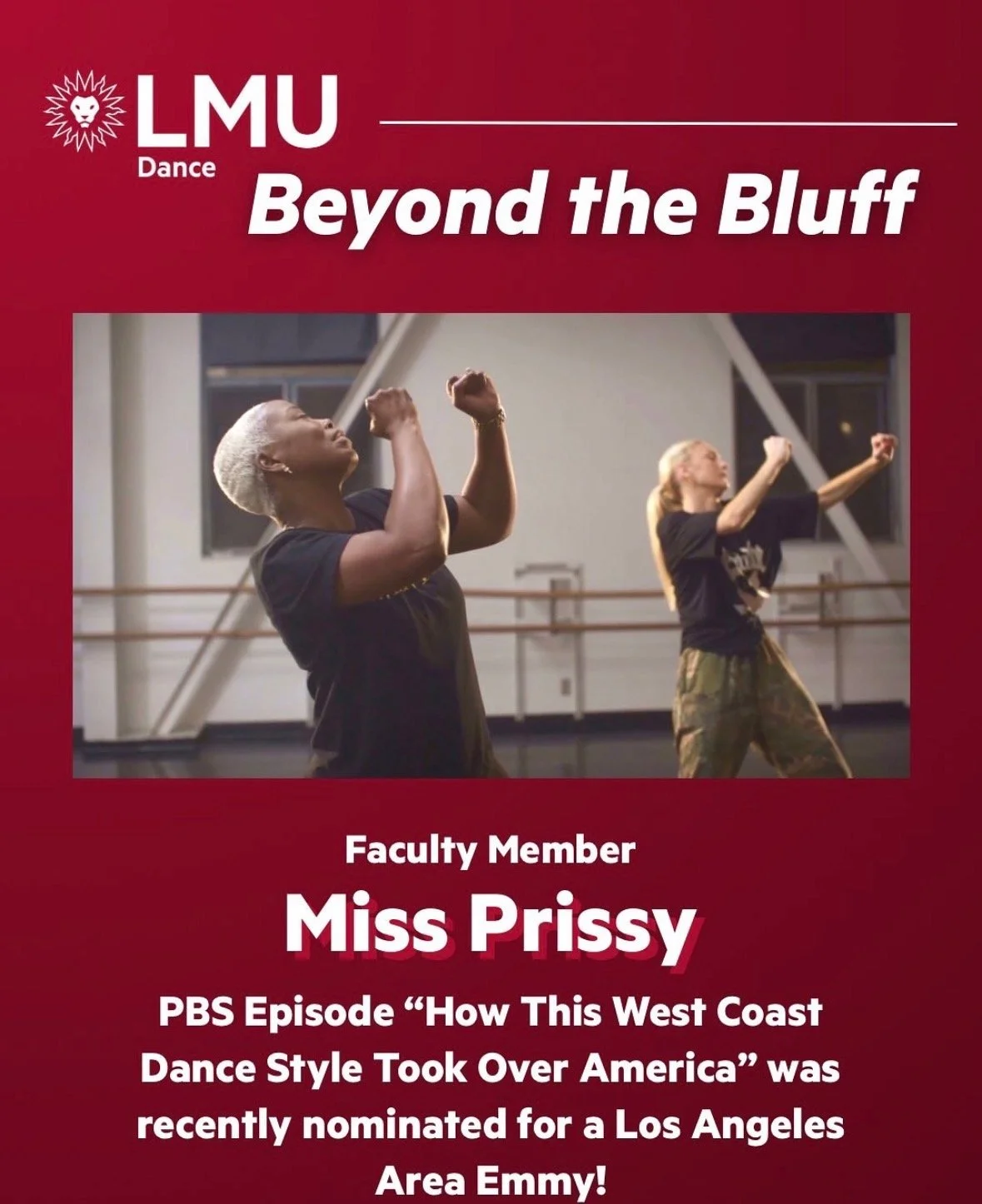 Poster for LMU Dance event titled Beyond the Bluff featuring a photo of two women dancing in a studio, with text about Miss Prissy, a faculty member, nominated for an Emmy for PBS episode.
