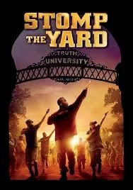 Poster with the text 'Stomp the Yard' featuring silhouettes of people dancing or performing outdoors with a bridge in the background, during sunset.