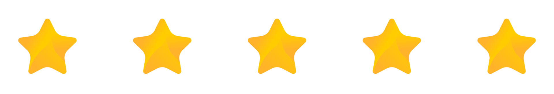 A sequence of five gold stars, each with a gradient shading, aligned horizontally.