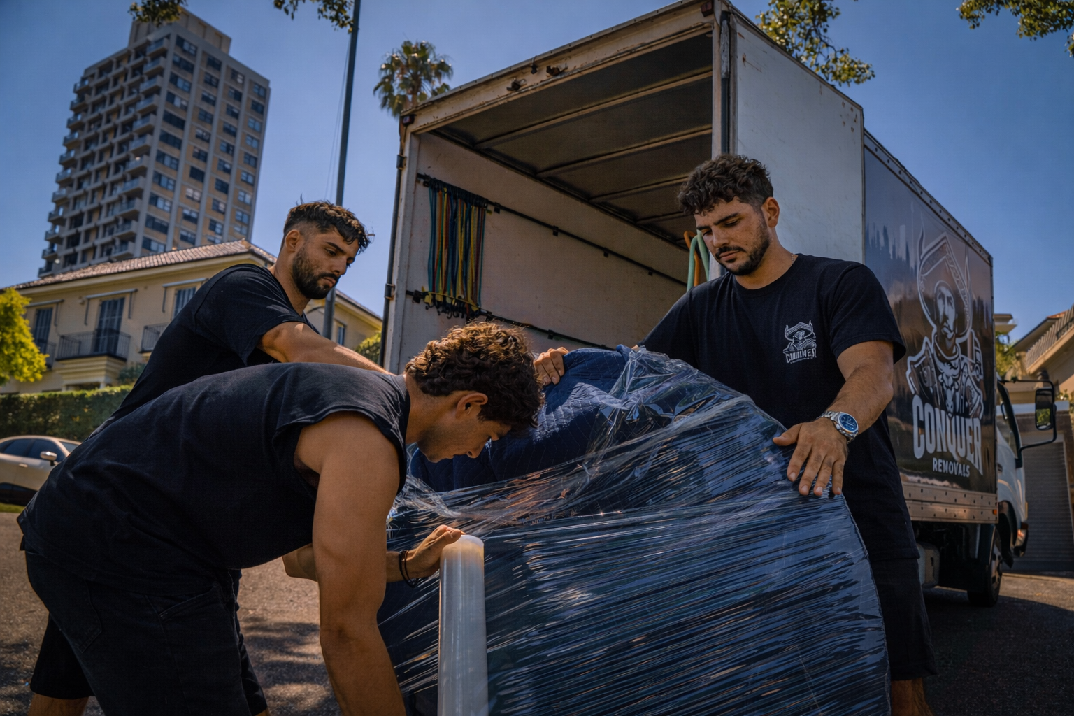 Three men unloading or wrapping furniture or large items from a moving truck onto a street in a residential area.