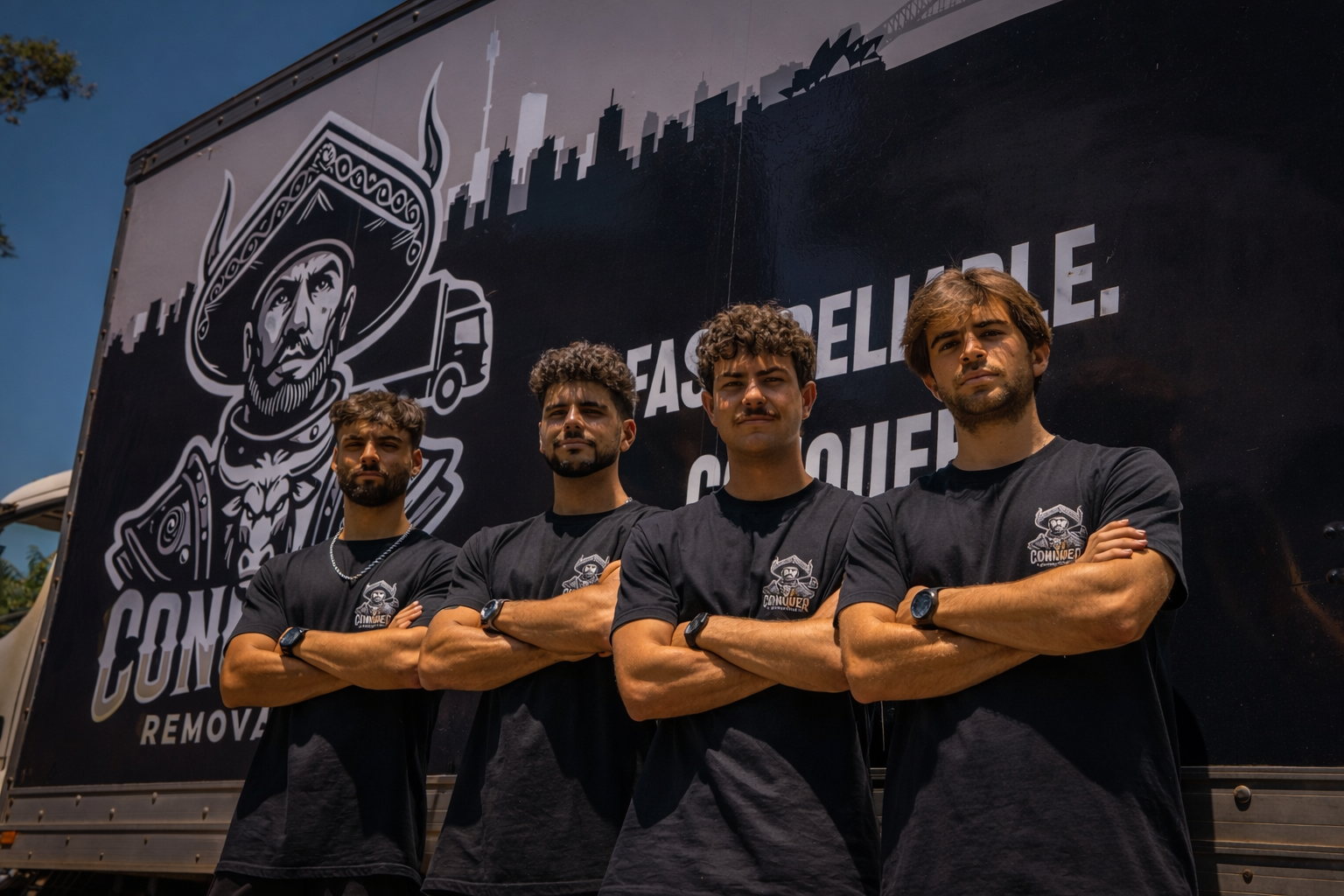 Four young men standing with arms crossed in front of a truck with a large graphic of a cowboy and city skyline. They are wearing black t-shirts with a logo that reads 'Conquer'.