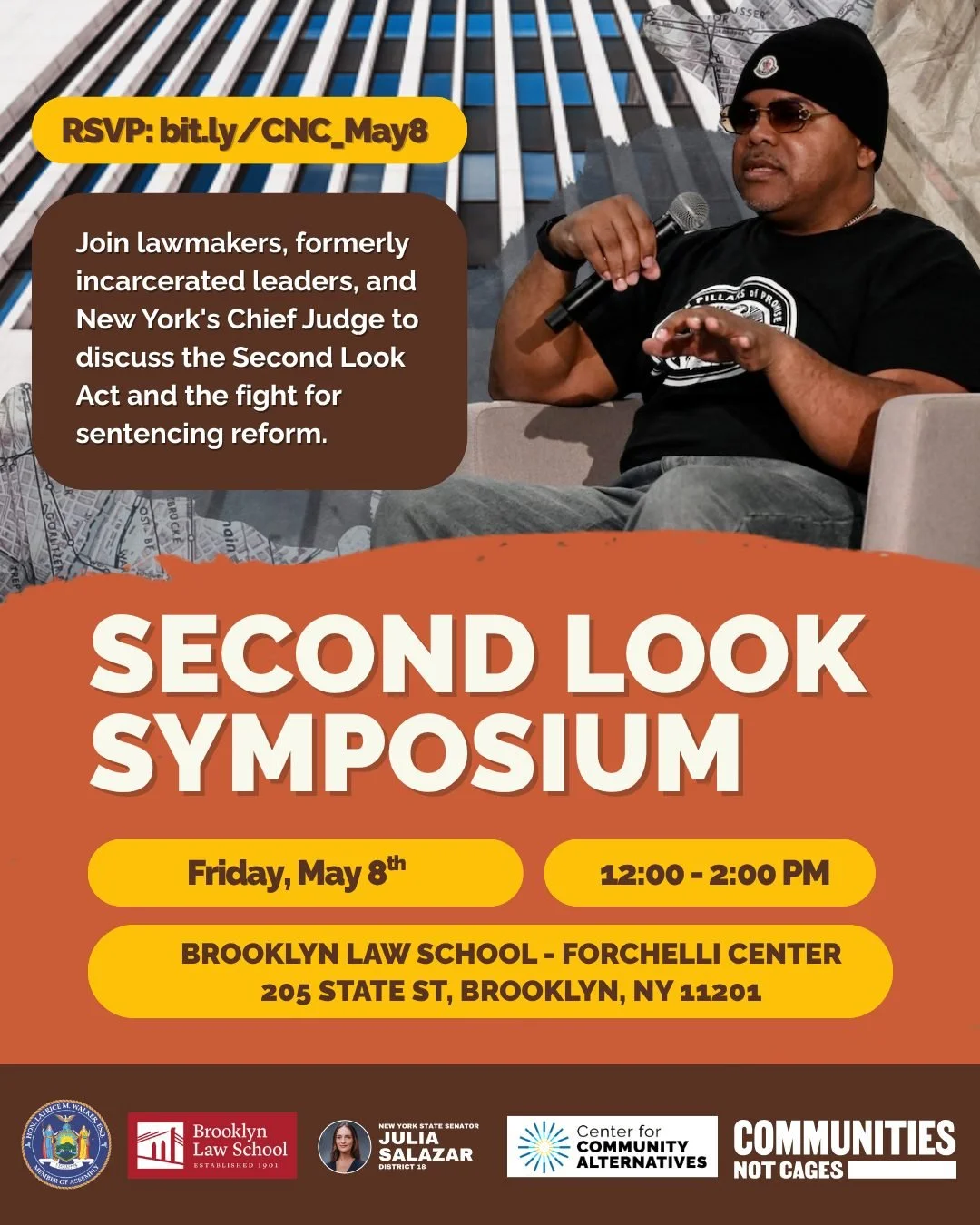 📍Brooklyn Law School | Friday, May 8th | 12&ndash;2PM
Join us for a powerful symposium on the Second Look Act &mdash; featuring NY's Chief Judge, state lawmakers, and formerly incarcerated leaders.
Thousands of New Yorkers remain behind bars long af