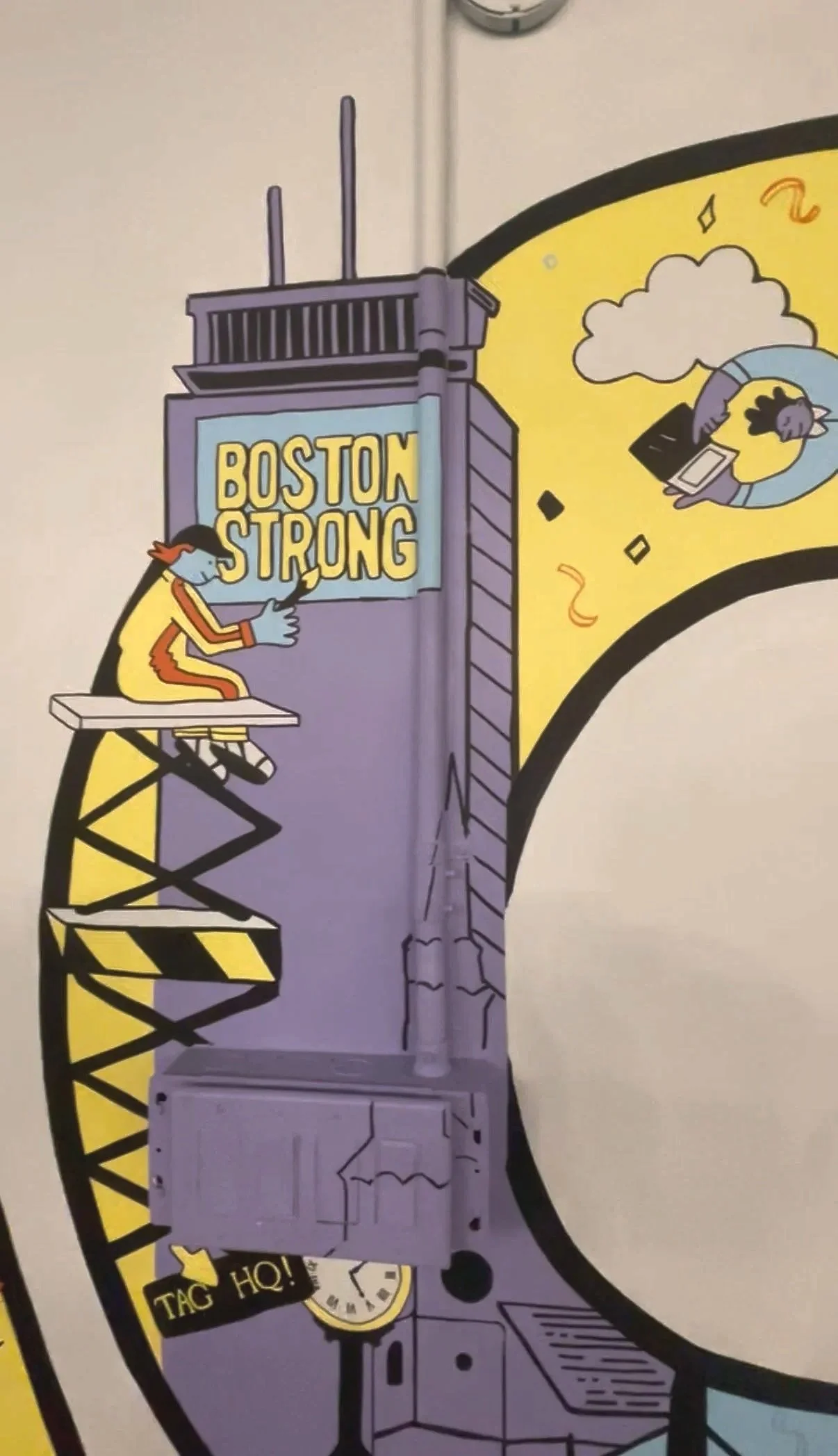 Colorful illustration featuring a city scene with a building labeled 'Boston Strong,' a clock, and cartoon characters. One character is sitting at a desk with a phone, another character is lying with a laptop. The artwork features bold black outlines