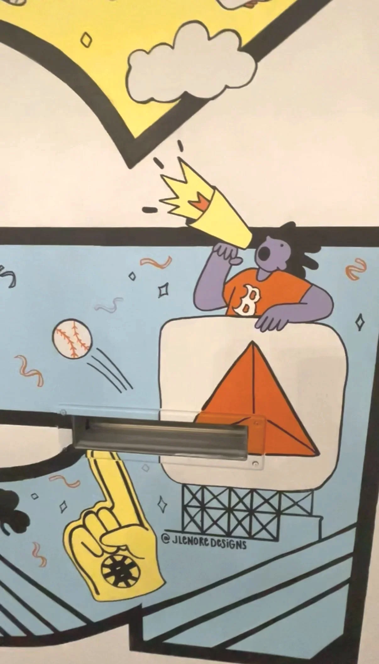 Cartoon illustration of a character with purple skin and black hair, wearing an orange shirt with a Bitcoin symbol, holding a yellow lightning bolt above the head, numbered 3, with a baseball flying through the air, and a yellow foam finger symbol si