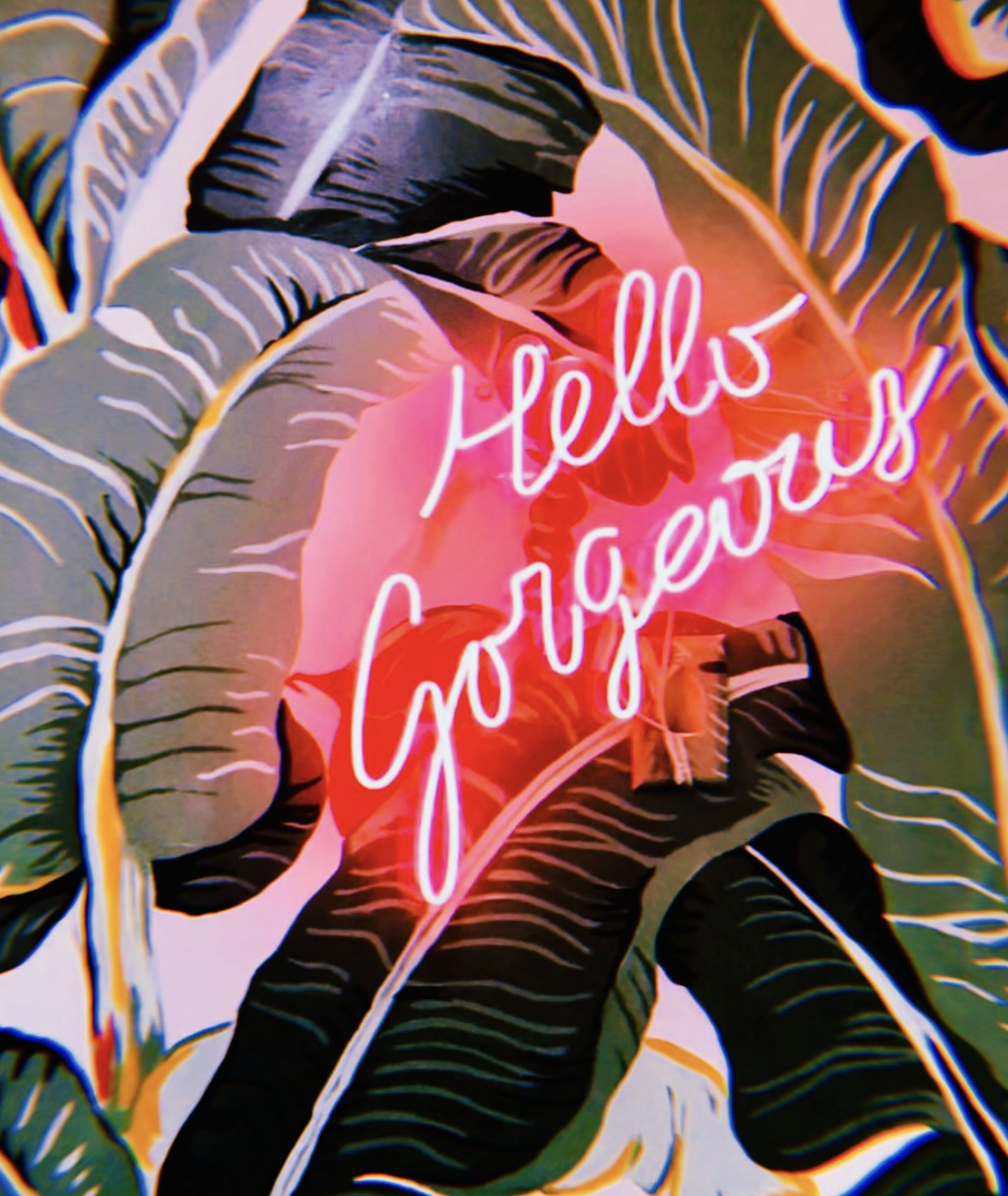 Neon sign reading "Hello Gorgeous" hanging on a custom wall mural decorated with tropical leaves created for Style Jacked in Malden, MA.
