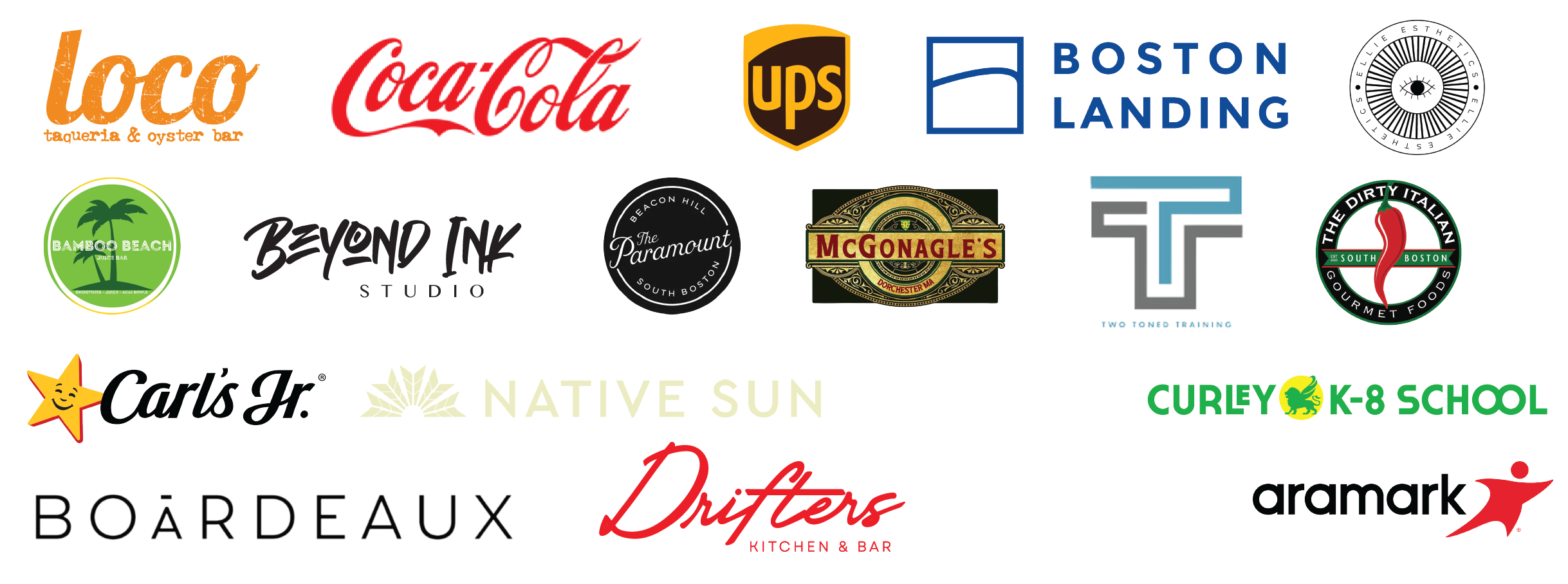 Collection of logos for various businesses and organizations, including Loco Taqueria & Oyster Bar, Coca-Cola, UPS, Boston Landing, and multiple local food, drink, and education establishments.