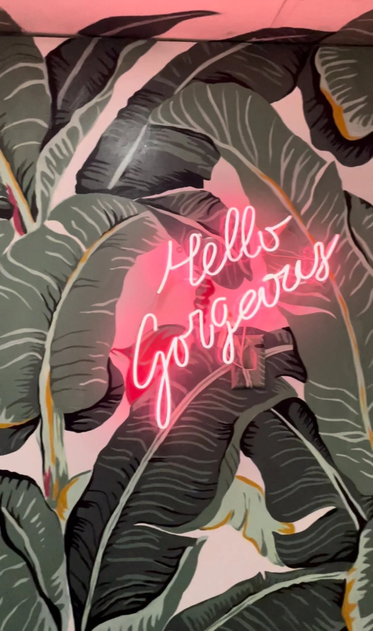 Neon pink sign reading 'Hello Gorgeous' over a mural of large green tropical leaves with yellow accents. Mural created for Style Jacked hair salon in Malden, MA.