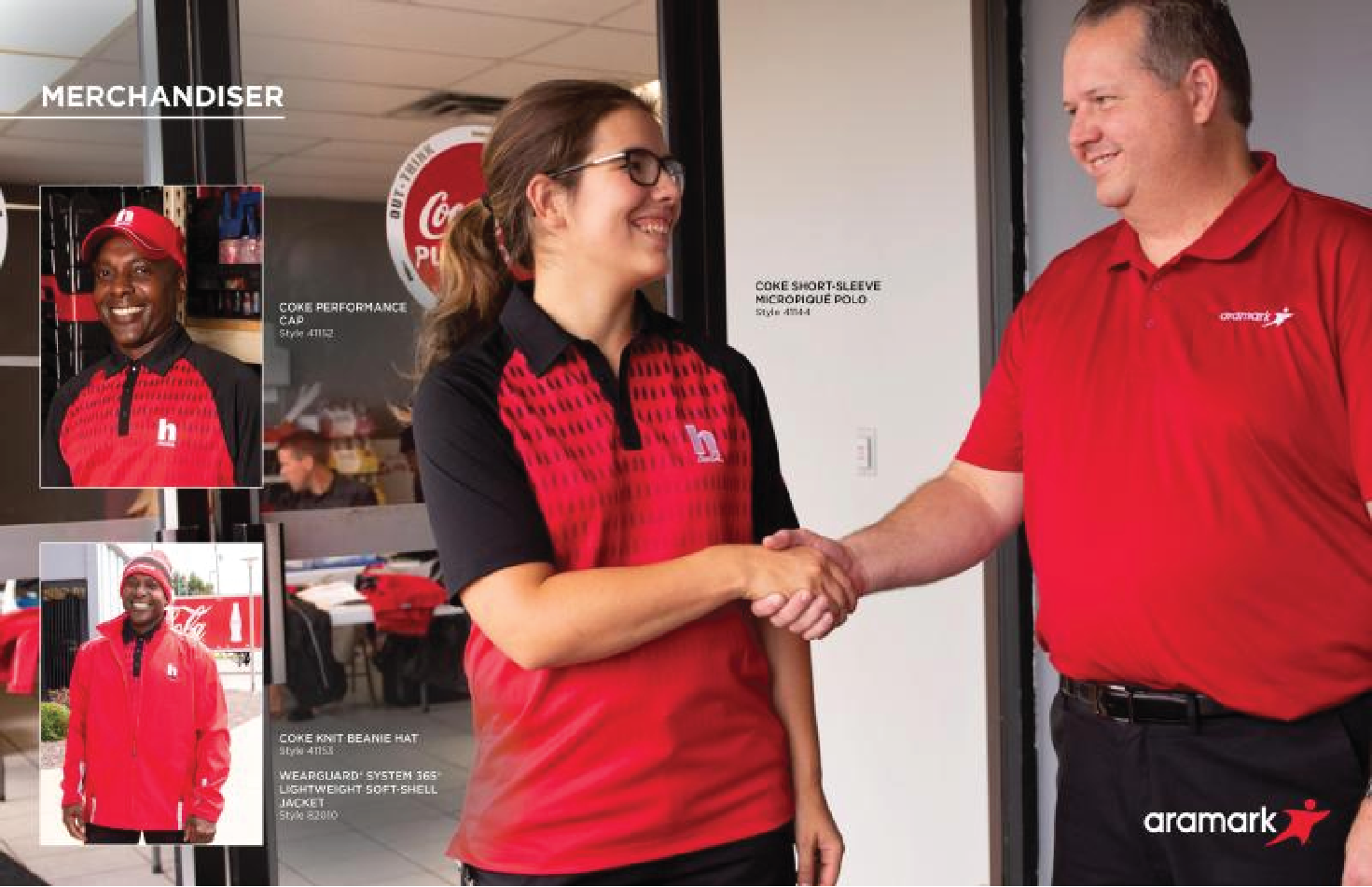A smiling woman and man shaking hands indoors, both wearing red and black Aramark uniforms. The woman wears glasses and has her hair in a ponytail. The man has short hair and is wearing a red polo shirt. On the left side, there are three smaller phot
