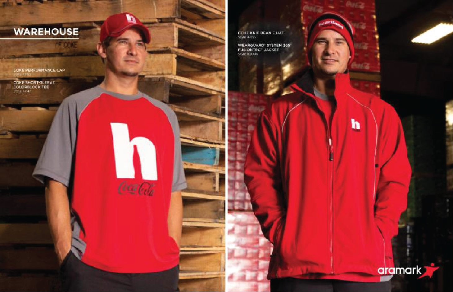 Two men wearing red promotional clothing, standing in front of wooden pallets and bricks. The man on the left wears a red and gray T-shirt and red cap, with the Coca-Cola logo and large 'h' on the front. The man on the right wears a red jacket and be