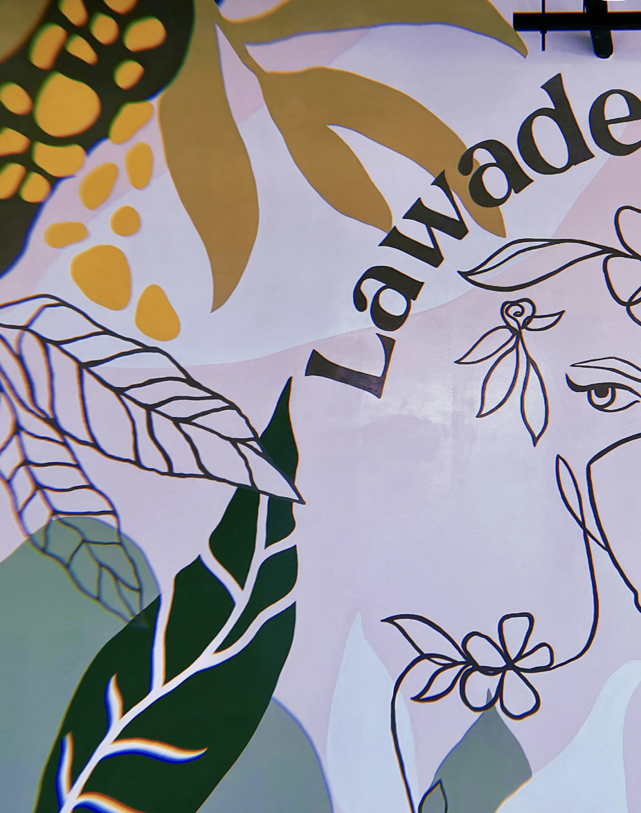 Custom mural created for Lawadessa Cafe in Mansfield, MA that includes leaves, flowers, and other botanical illustrations.