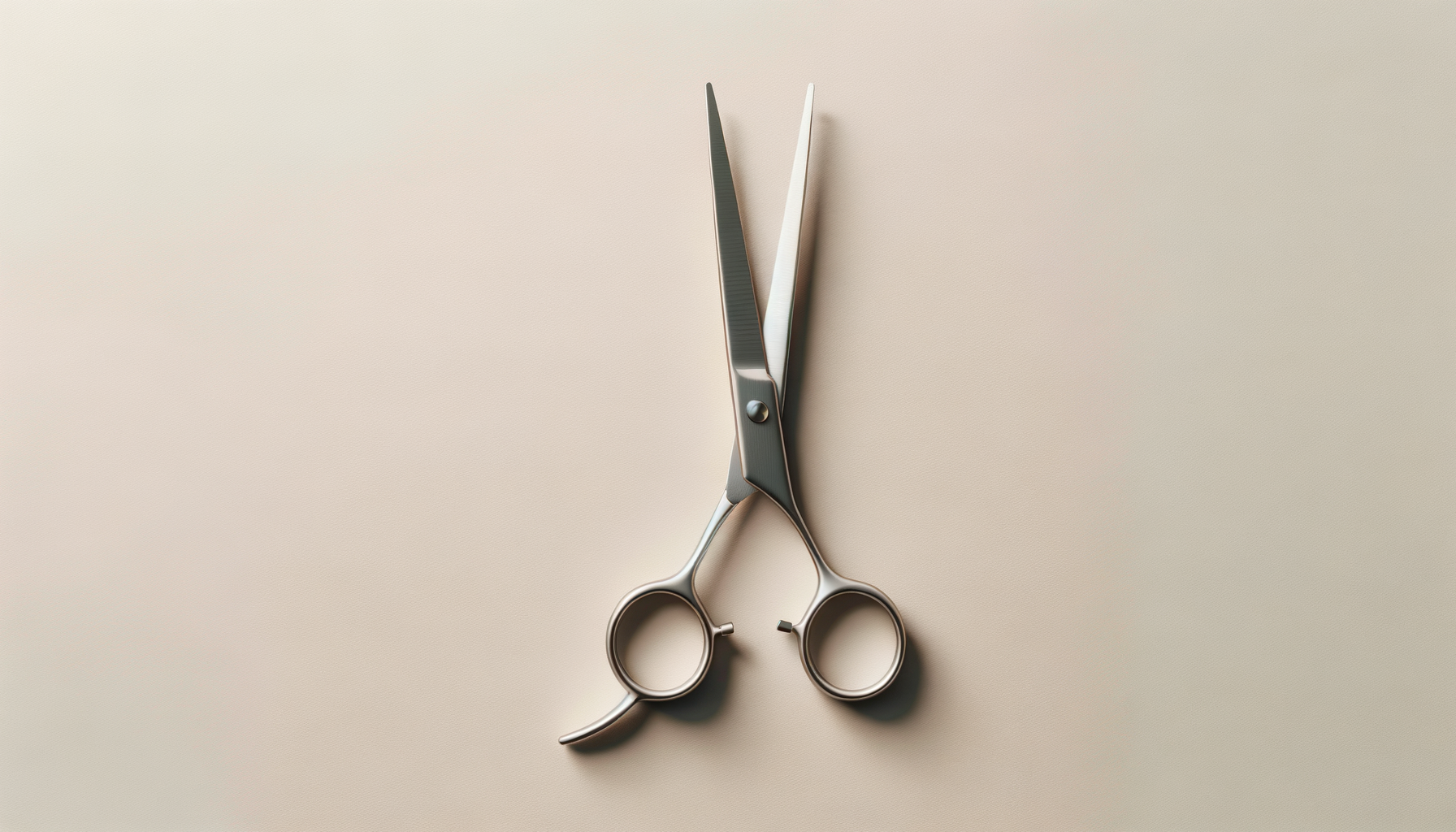 A pair of hairdressing scissors with a silver and black design, placed on a neutral beige background.