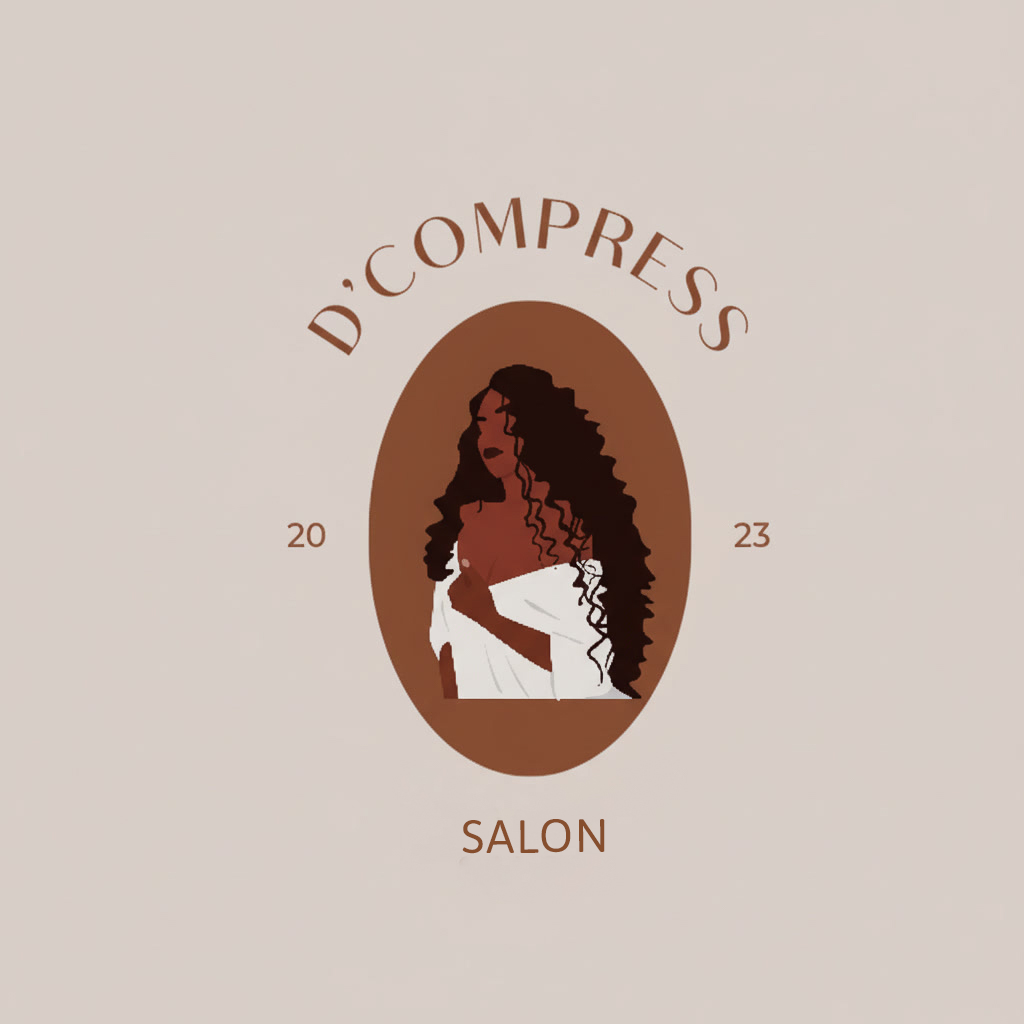Logo for D'COMPRESS SALON featuring an illustration of a woman with long, curly hair wrapped in a white towel.