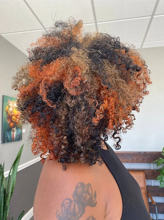 Close-up side view of a person with curly, multicolored hair in shades of black, brown, and orange, standing indoors near a plant and a wall with a painting.