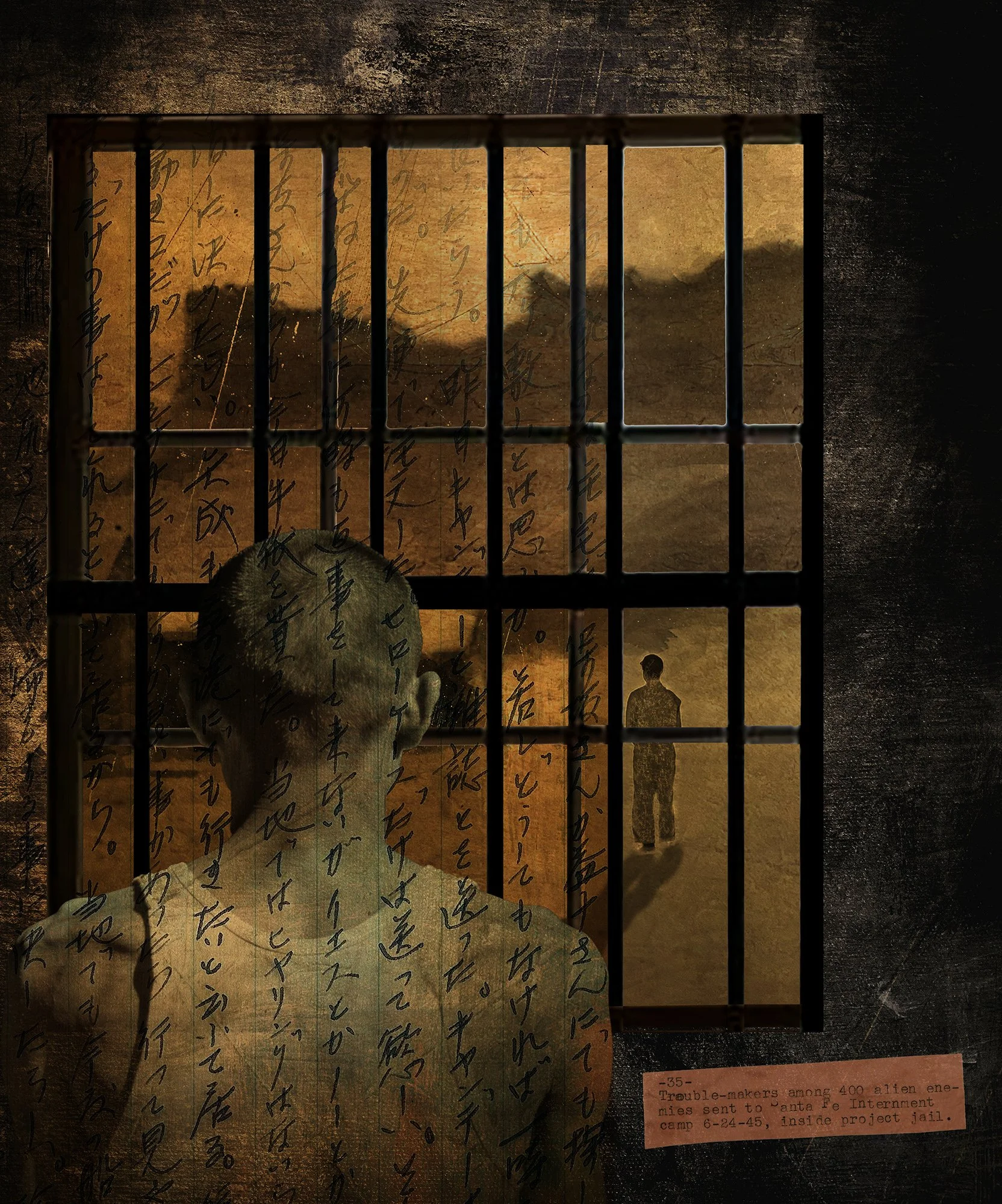 An illustration of a person with a shaved head looking through a jail cell window at another person standing outside on a barren landscape. Overlaid Japanese text and a note in the corner mention trouble-makers among 400 alien enemies sent to an internment camp on June 24, 1945, inside a project jail.