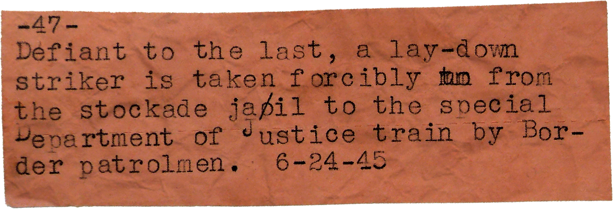 Typed text on pink paper about a trench fighter in Japan for the Department of Justice training, dated June 24, 1945.