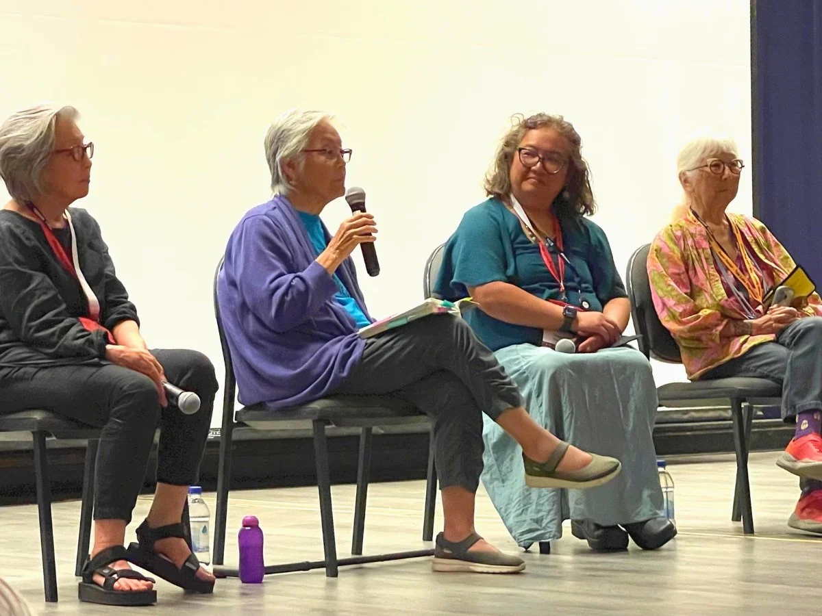 Post-screening discussion at the 2026 Tule Lake Pilgrimage. On the stage: Barbara Takei, Satsuki Ina, Tamiko Nimura, and Emiko Omori. Photo by Nancy Ukai.