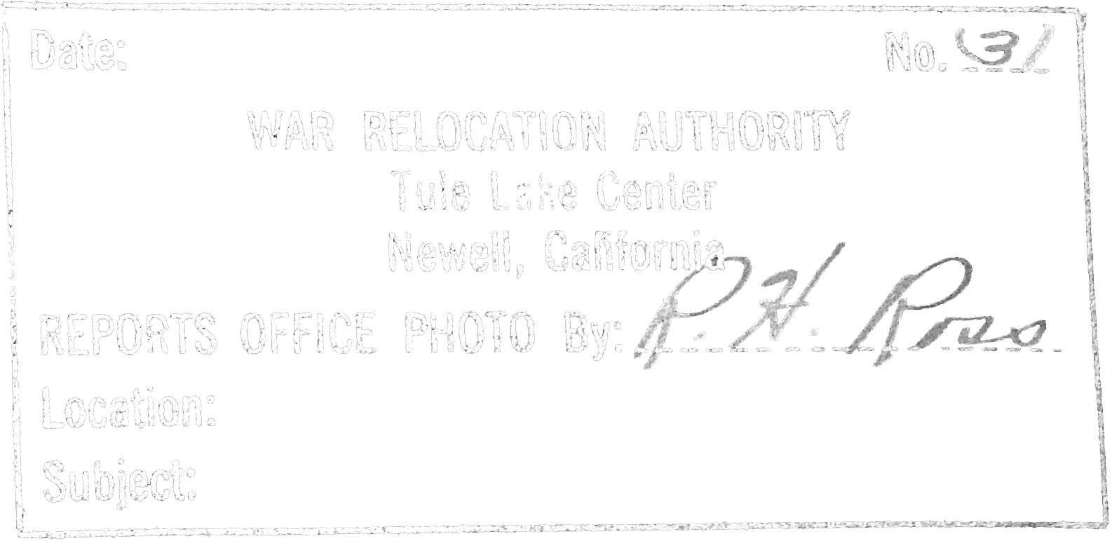 Black and white military document from the War Relocation Authority with handwritten signature and form fields for date, number, title, location, and subject.