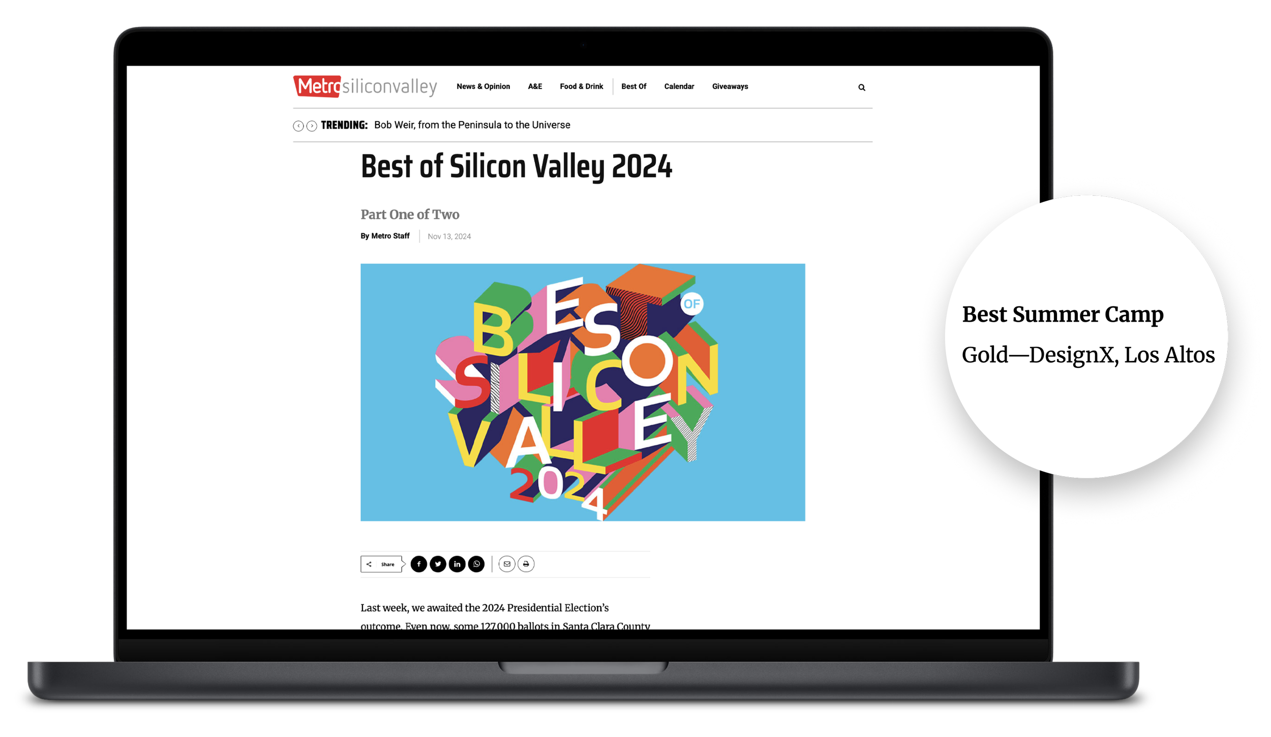 Laptop screen showing a webpage titled 'Best of Silicon Valley 2024' with colorful artwork and a white circle overlay indicating an award for 'Best Summer Camp.'