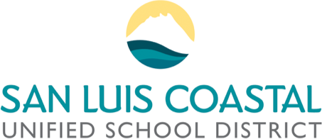 Logo of San Luis Coastal Unified School District featuring a sun, waves, and mountains.