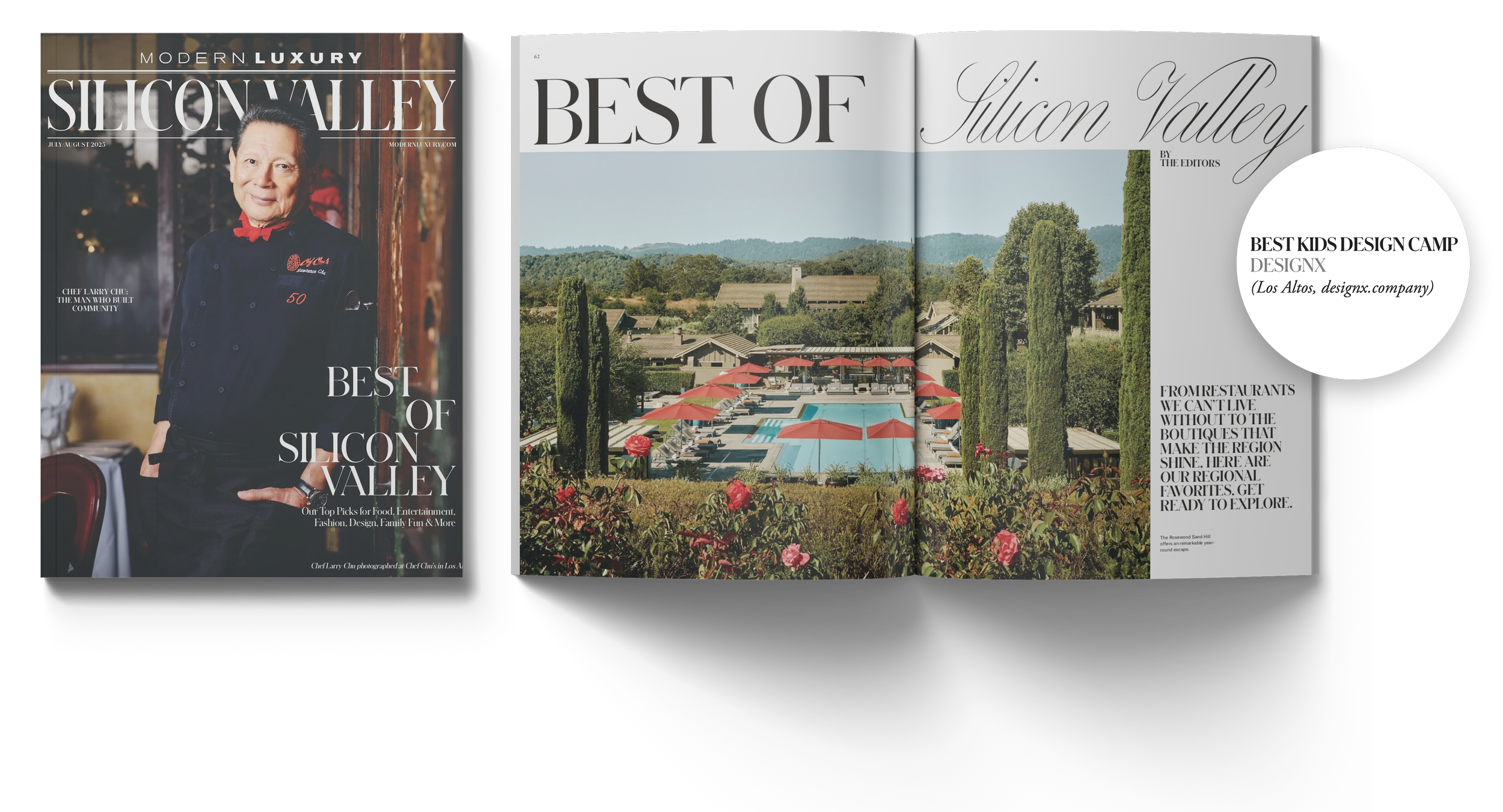 Magazine spread with the cover of Silicon Valley magazine on the left, featuring a woman in a chef's uniform. The right page shows a scenic view of a pool area with red umbrellas, surrounded by green trees and hills, and a white circle with black text about a kids design camp.