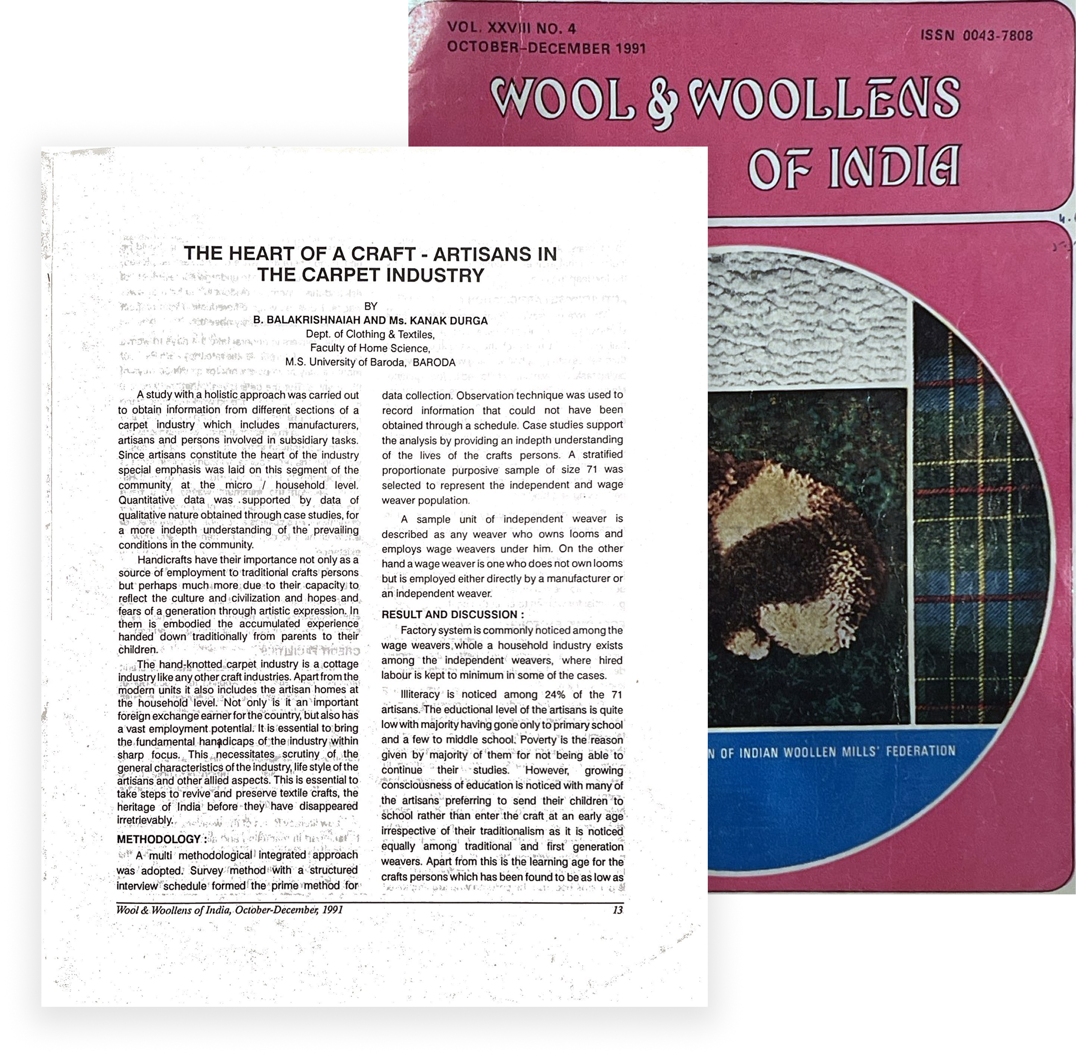 A magazine cover titled "Wool & Woollens of India" from October-December 1991, featuring a photo of a woven fabric with a flower, and a research paper titled "The Heart of a Craft - Artisans in the Carpet Industry" overlaying part of the magazine.