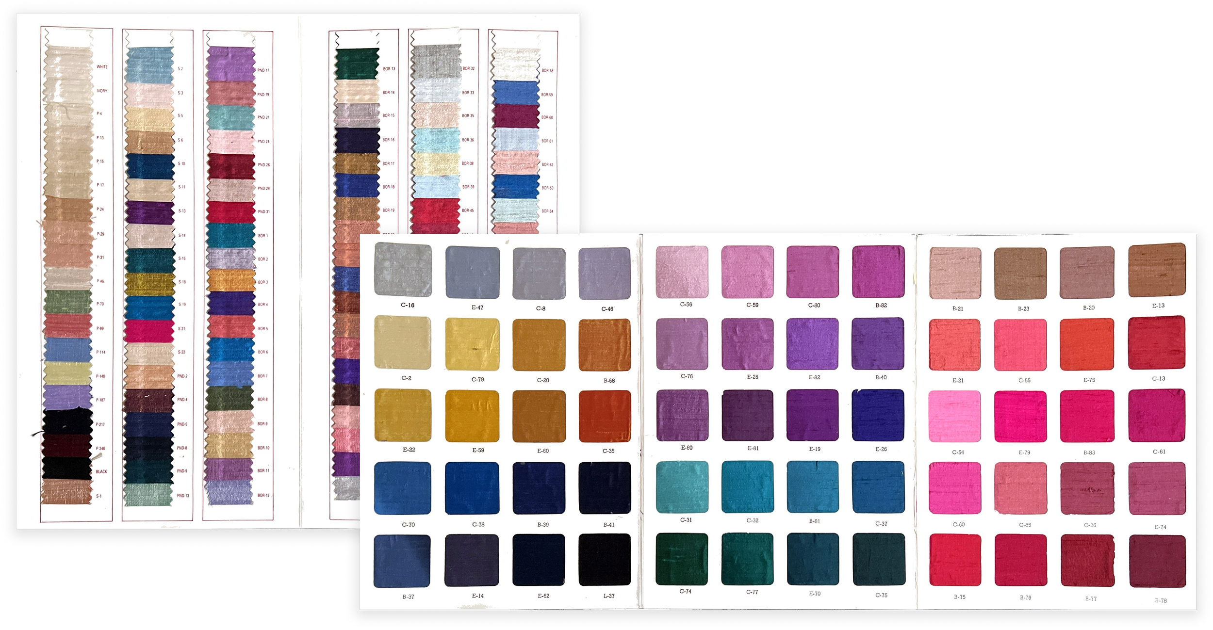 Color swatch book with various fabric and paint samples, including sections of neutral, vibrant, and dark colors, each labeled with alphanumeric codes.
