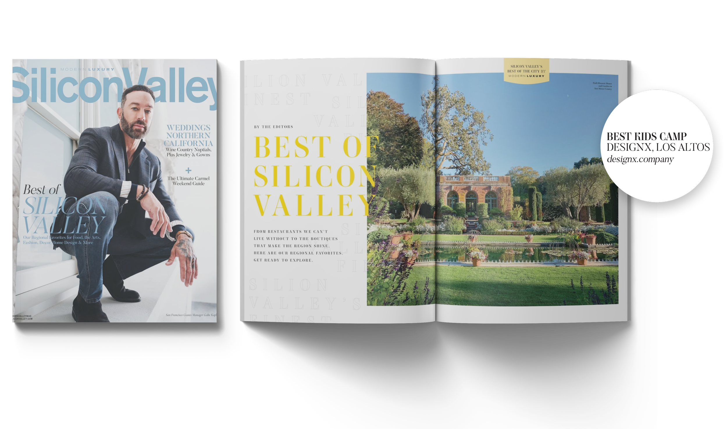 Magazine spread featuring Silicon Valley. The left page shows a man in a suit crouching, with the title "Best of Silicon Valley" and related articles. The right page displays a park with trees, grass, and a building, along with the title "Best of Silicon Valley" and descriptive text.