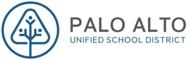 Logo of Palo Alto Unified School District, featuring a stylized tree inside a circle and the district's name. DesignX partnered with Hoover elementary school in PAUSD offering design programs after school.