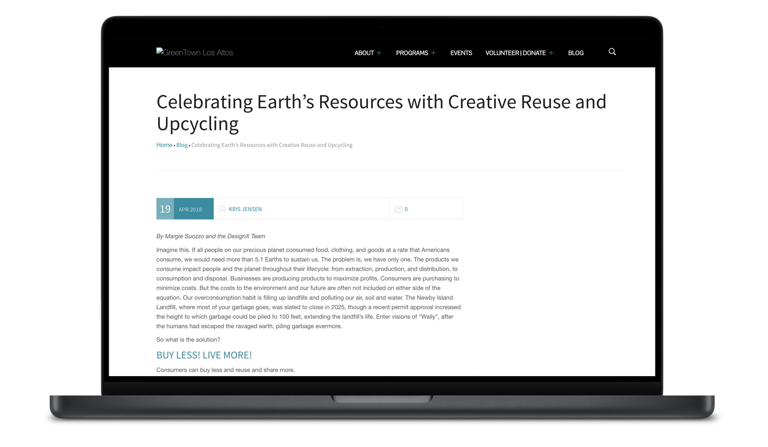 Laptop screen displaying a webpage titled 'Celebrating Earth's Resources with Creative Reuse and Upcycling' from Green Town Los Altos, discussing environmental sustainability and upcycling solutions.