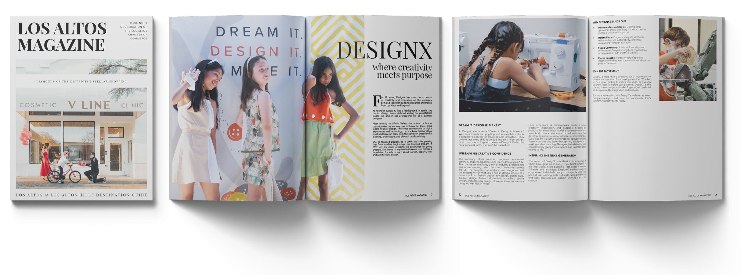 Open magazine featuring articles on design, children, and a cosmetic clinic, with images of children in creative clothing and a young girl working with a sewing machine.