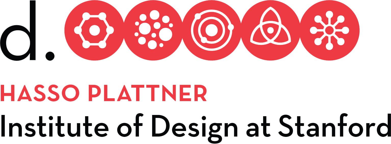 Logo for the Hasso Plattner Institute of Design at Stanford University, featuring stylized black icons inside red circles representing creativity and innovation, with the name in bold black and red text.