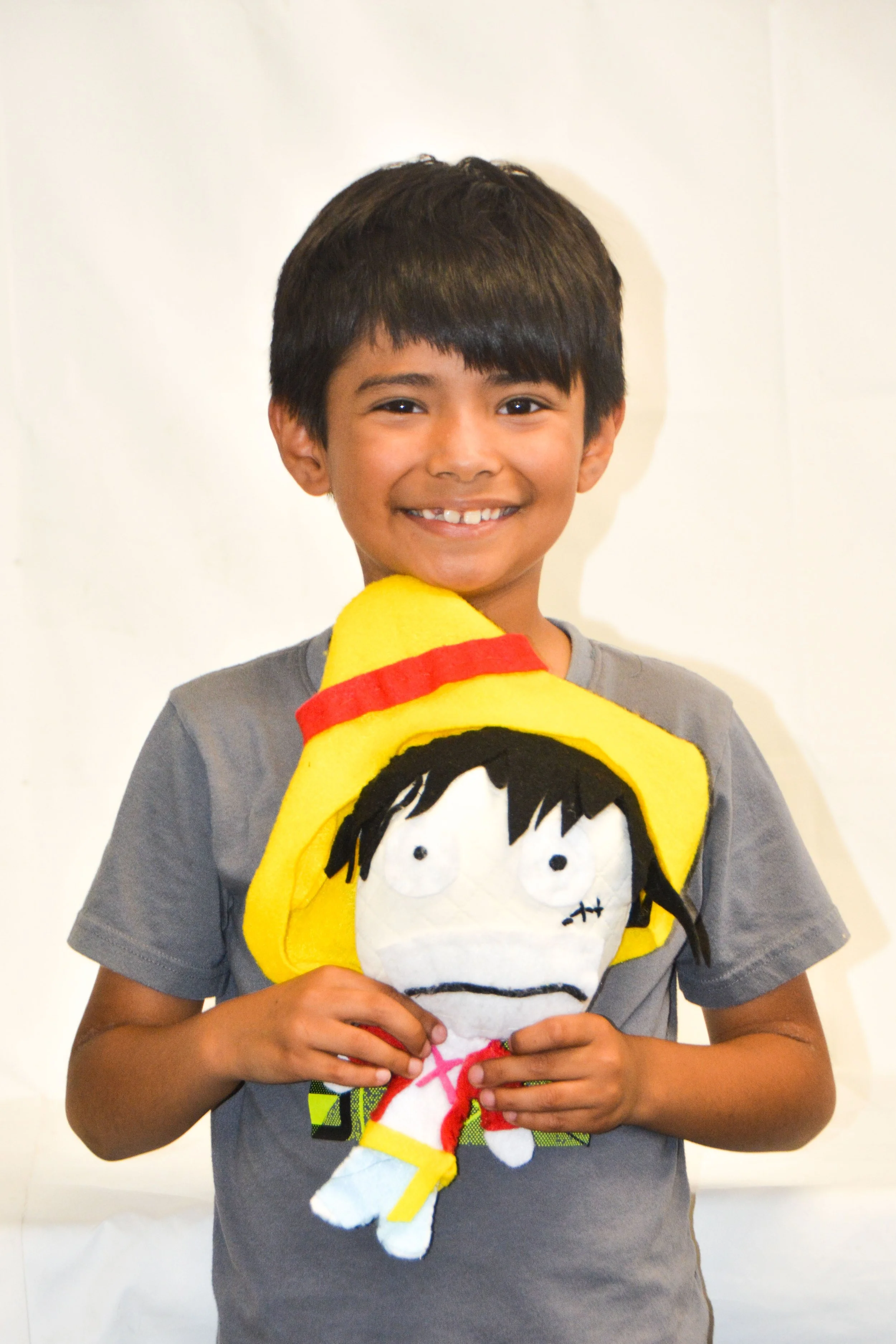 A young boy smiling and holding a plush toy of Monkey D. Luffy from One Piece, wearing a yellow straw hat with a red band.