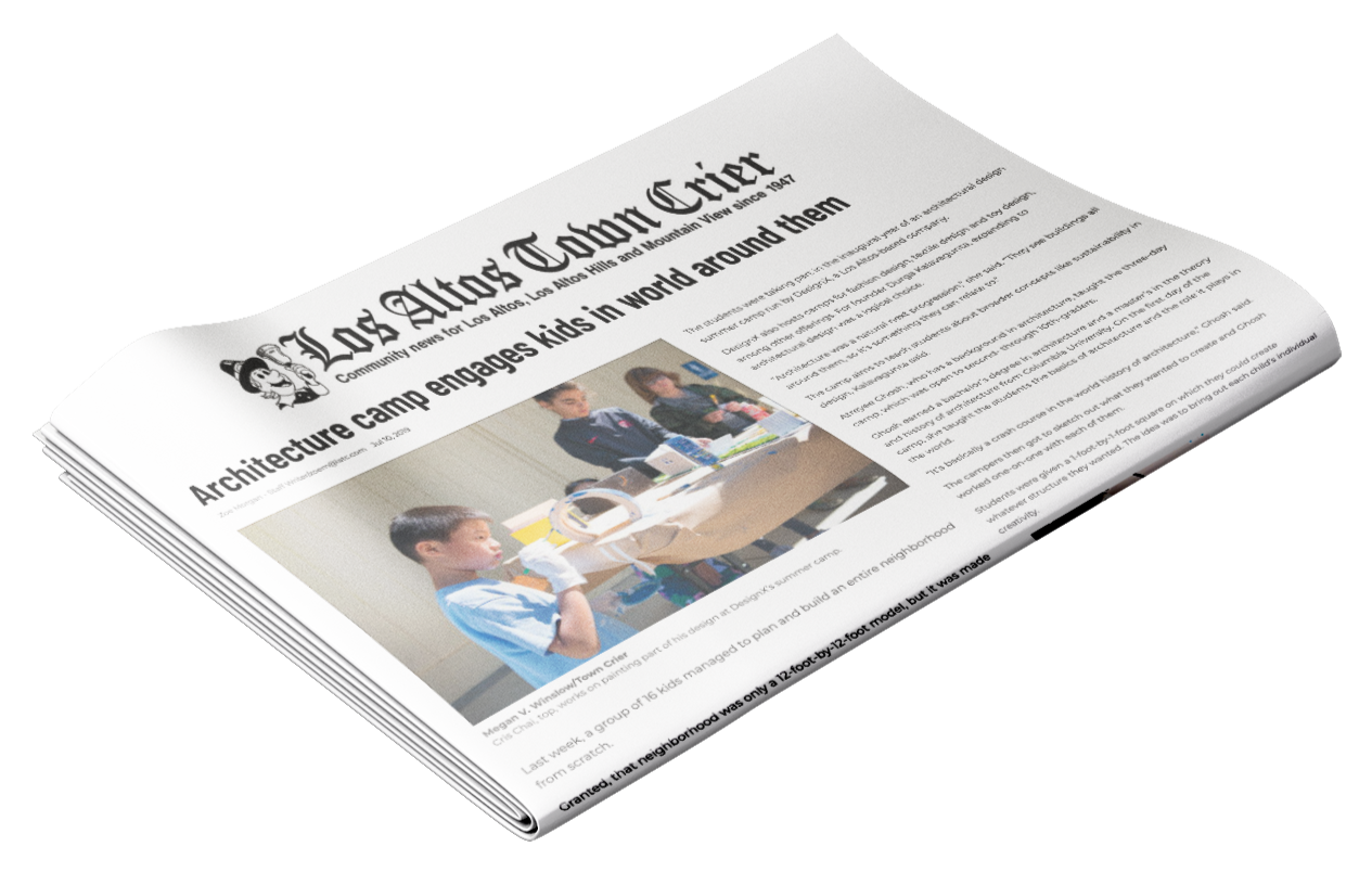 Front page of a community newspaper titled 'Los Altos Mountain View' that features a story about an architecture camp engaging kids, with a photo of children working on a project during the camp.