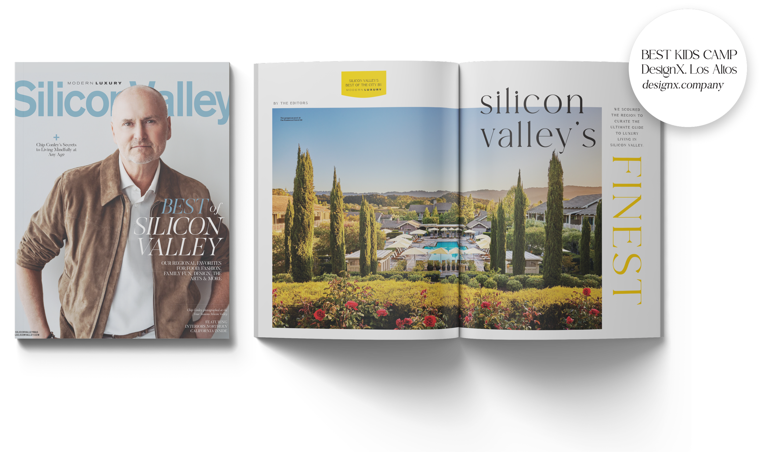 Cover of Silicon Valley magazine featuring a man in a brown jacket on the left and an open magazine showing a landscape of a pool and trees on the right, with a label indicating it is a design by DesignX Los Altos.