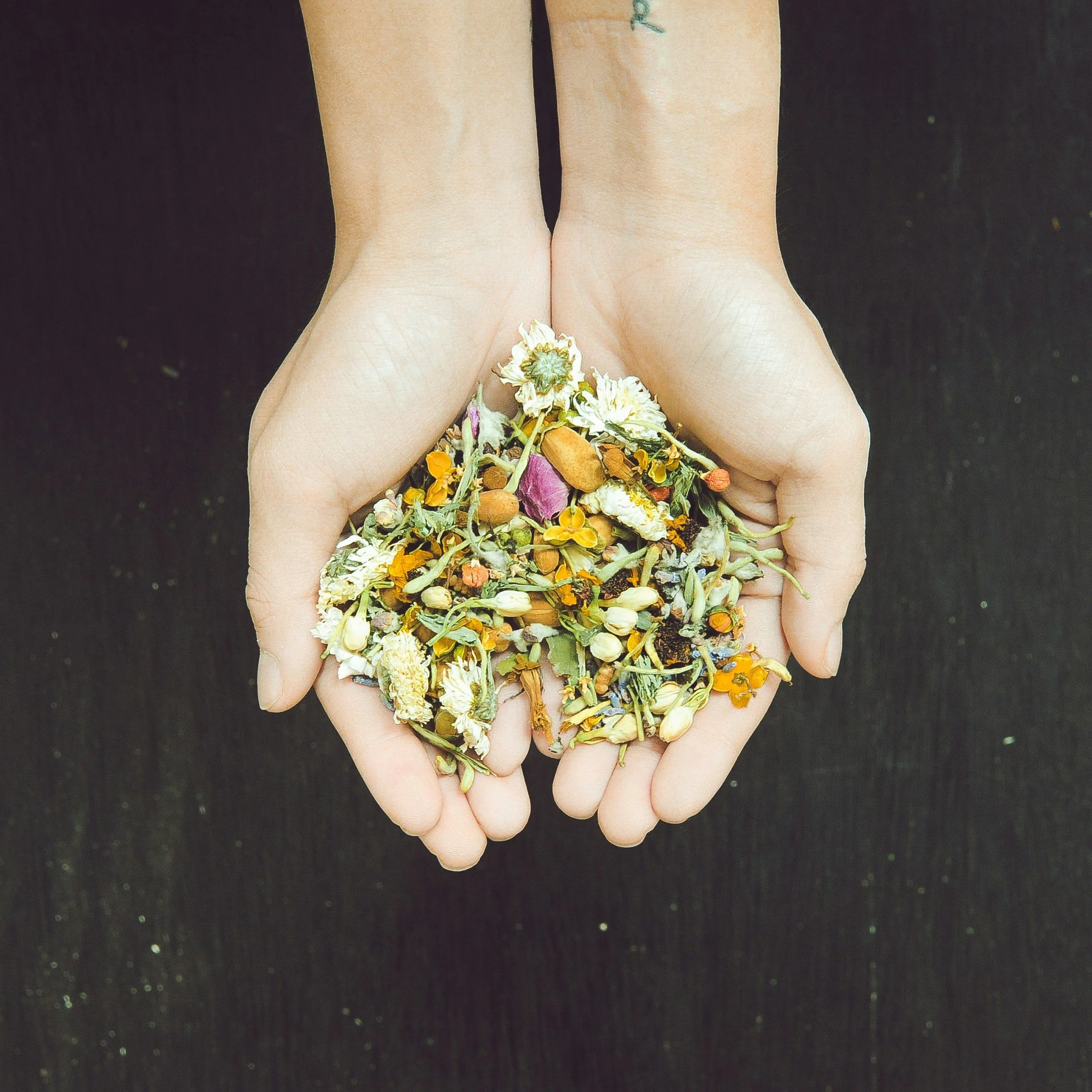 Two hands holding a pile of dried flowers and herbs over a dark background.