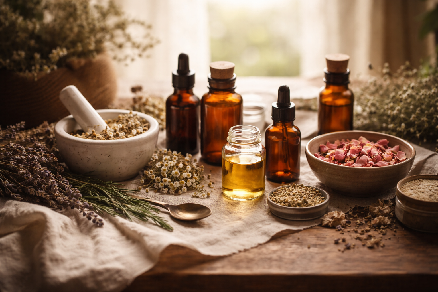 A rustic wooden table with various herbal medicine ingredients, glass bottles and bowls filled with dried herbs, flowers, and oils, with soft natural light illuminating the scene.