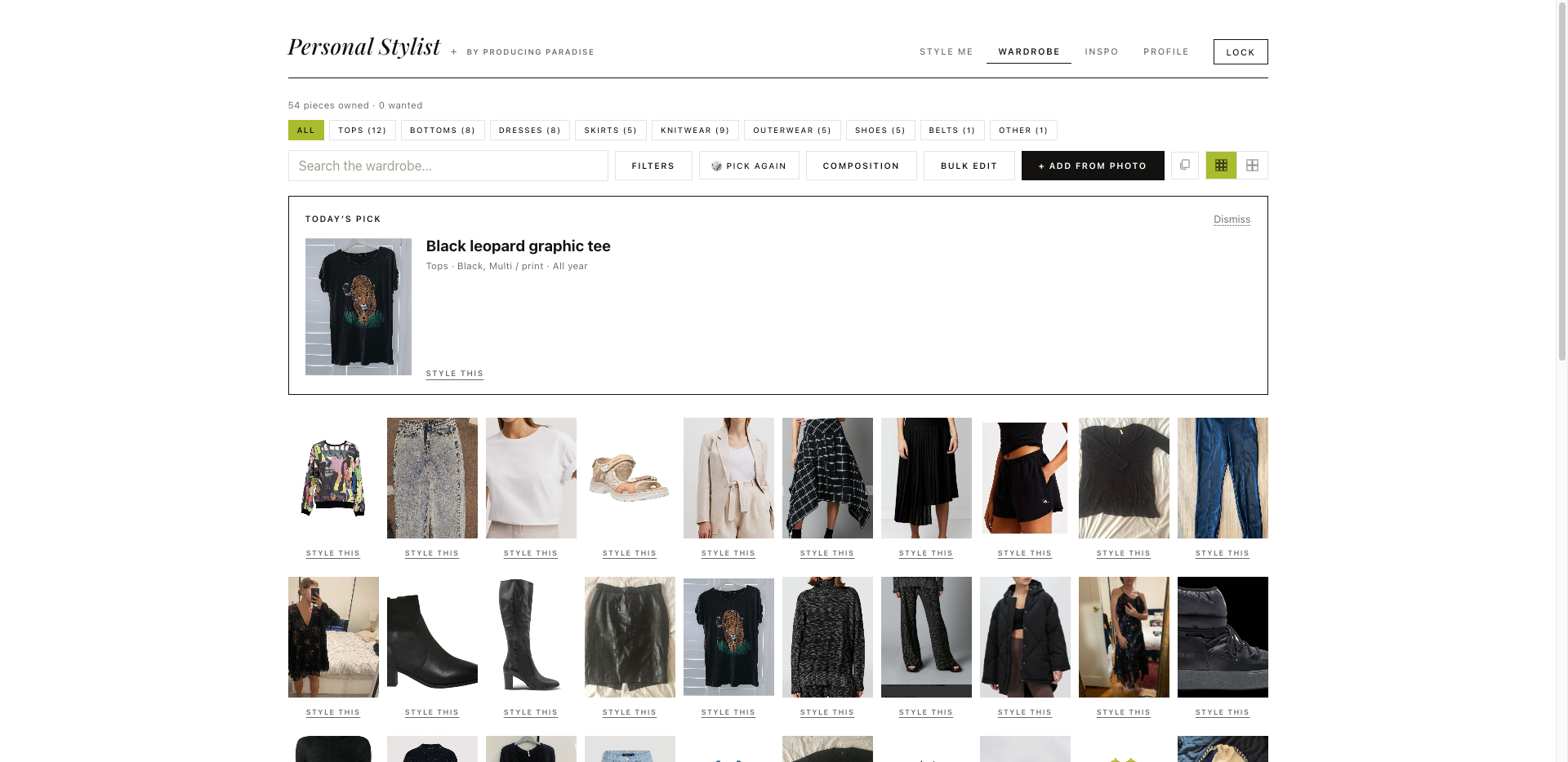 Screenshot of the Personal Stylist app showing my wardrobe items