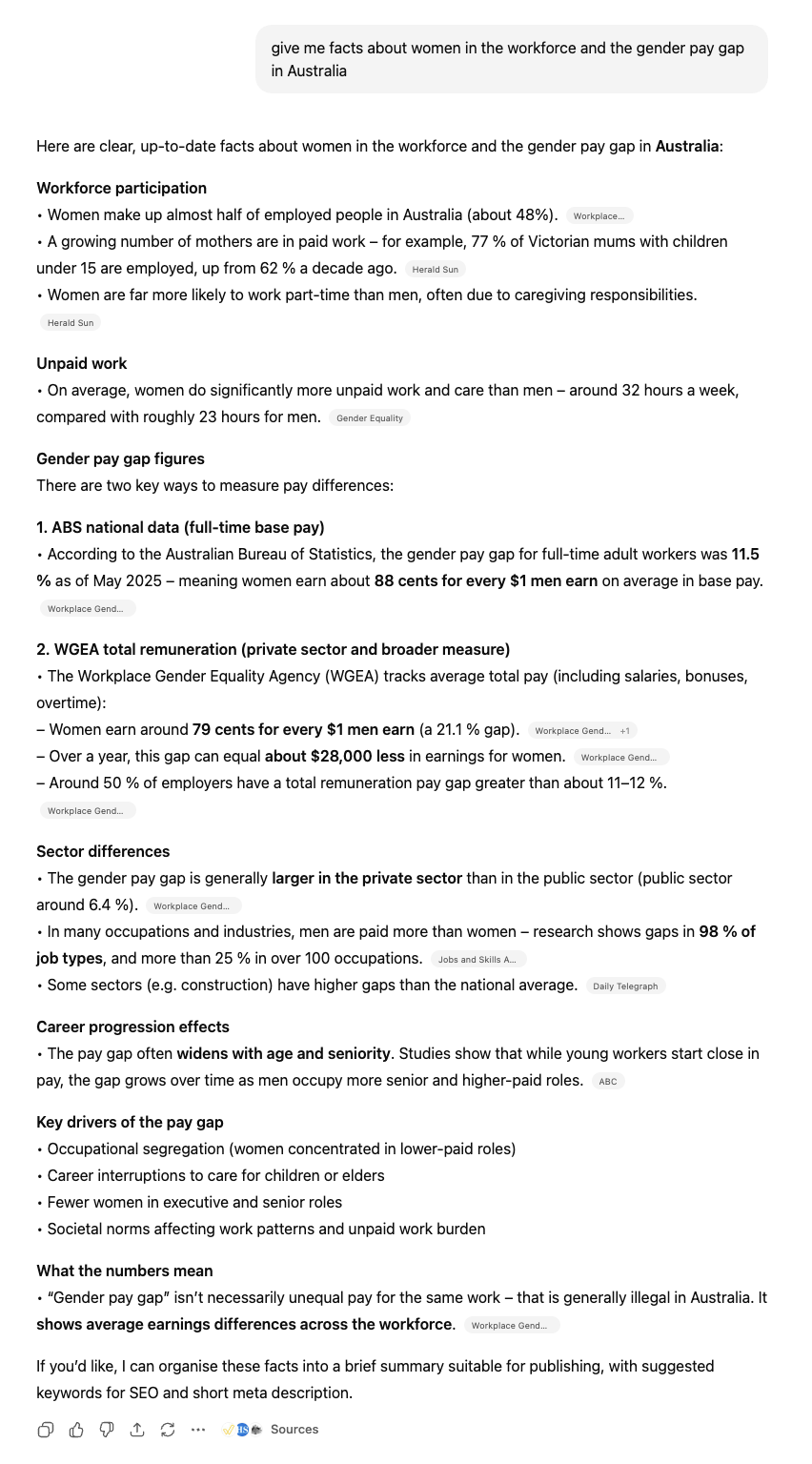 ChatGPT prompt "give me facts about women in the workforce and the gender pay gap in Australia" and its response