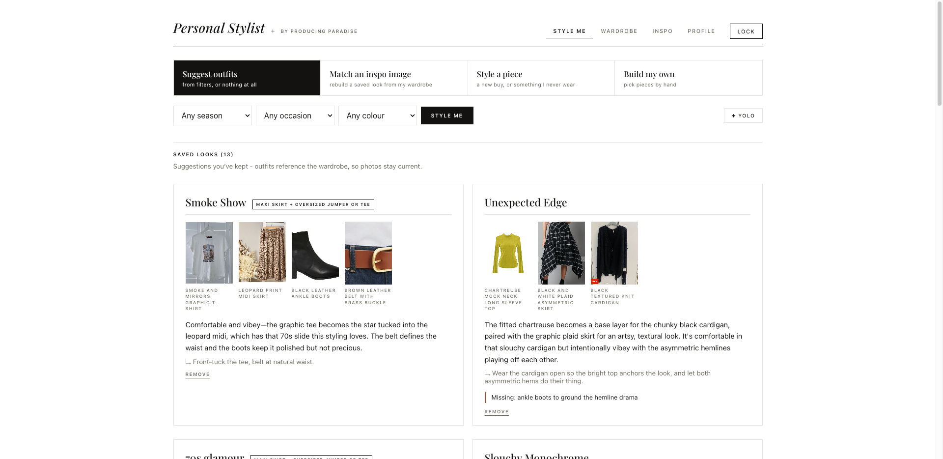 Screenshot of the Personal Stylist app suggesting outfits