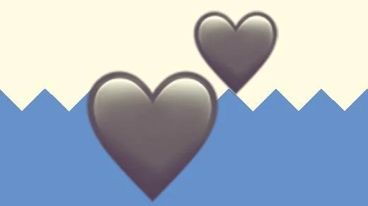 A duotoned dark purple and beige version of the Apple two hearts emoji, in front of a blue zig zag shape across the bottom