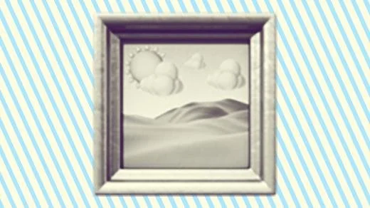 Hero image for “How we use Photoshop and Google Slides for feature image creation“ with a duotoned dark purple and beige version of the Apple painting emoji, in front of a light blue striped background