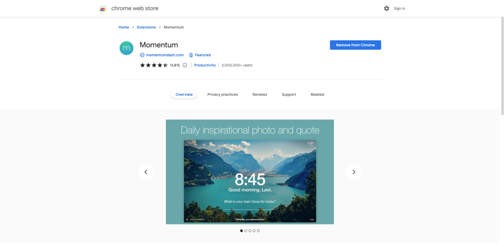 Screenshot of the Momentum Chrome extension download page showing a screenshot of the app and "Remove from Chrome" button