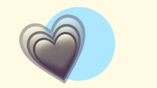 A duotoned dark purple and beige version of the Apple growing heart emoji, in front of a light blue circle background