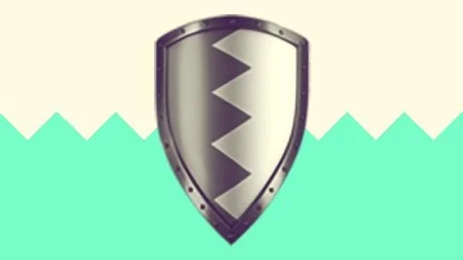 Hero image for “How to secure your online accounts using a password manager” with a duotoned dark purple and beige version of the Apple shield emoji, in front of a green zig zag shape across the bottom of the image