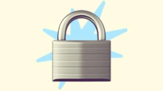 Hero image for “How to setup two-factor authentication with the Google Authenticator app“ with a duotoned dark purple and beige version of the Apple 'padlock' emoji, in front of a light blue starburst shape
